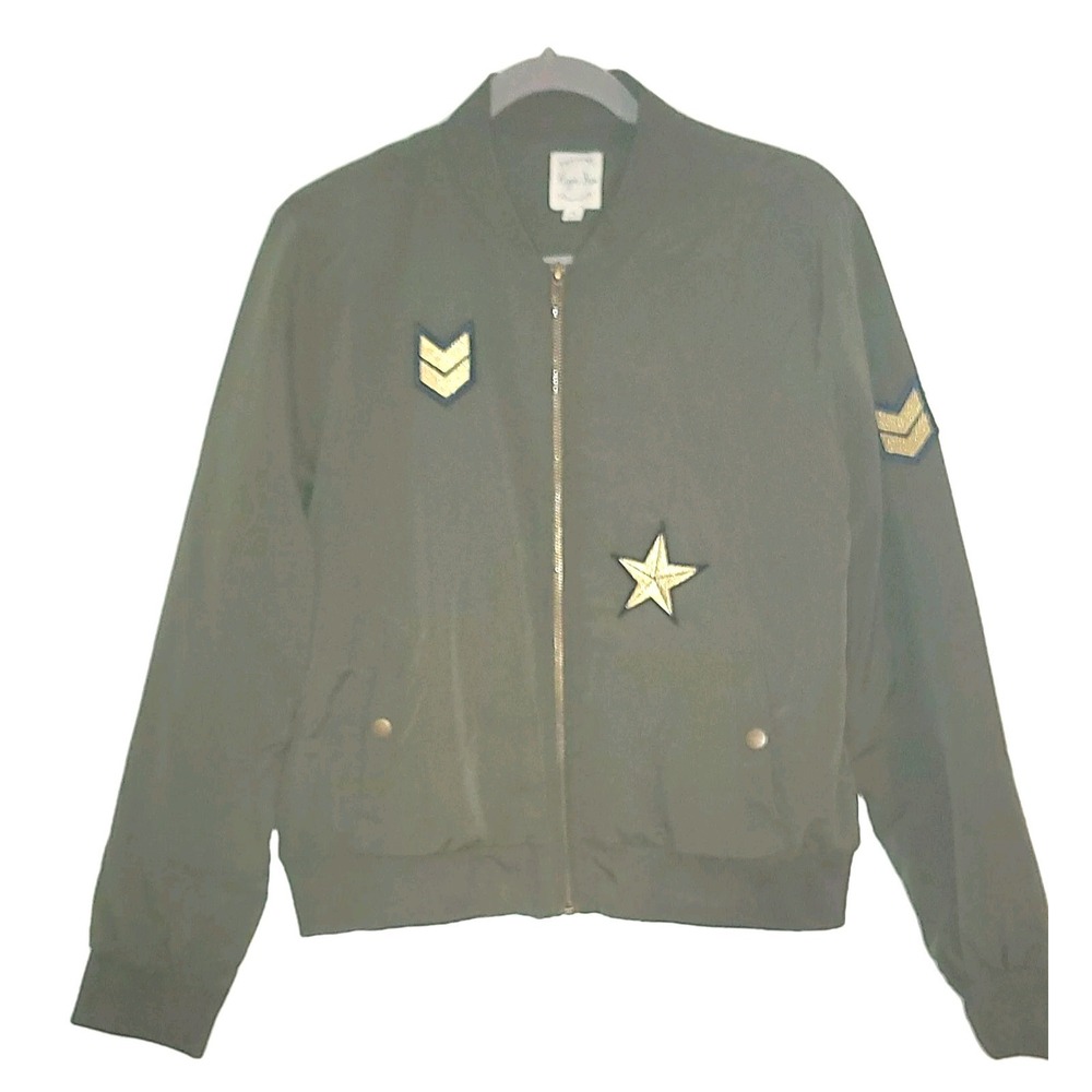 Hippie Rose Army Green Lined Baseball Military BomberStyle Jacket Size L Y2K
